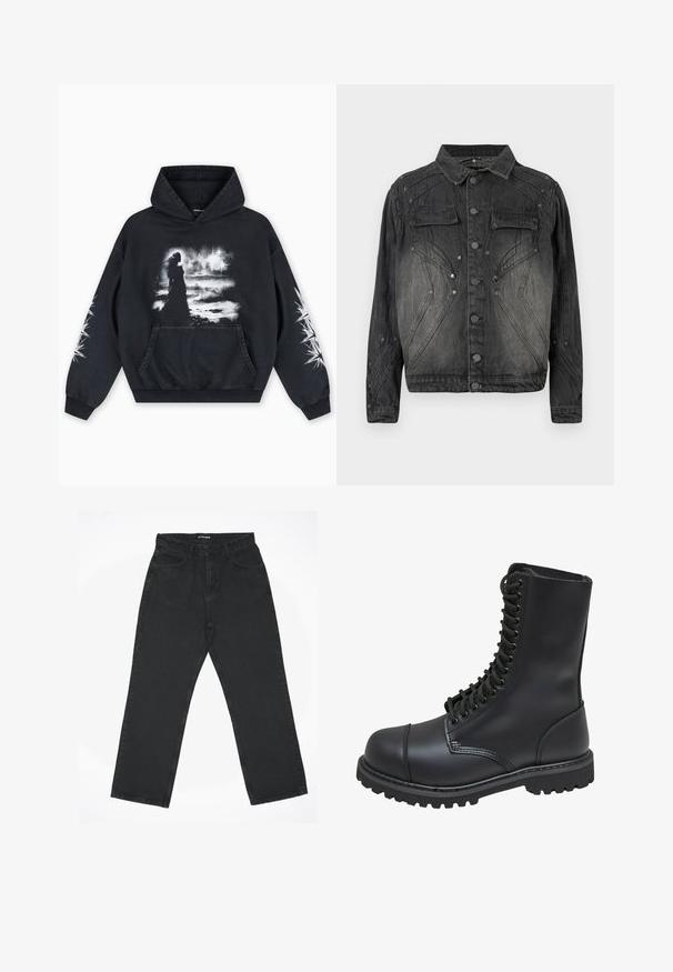 Zwarte vervaagde denimjack met knoopsluiting, klepborstzakken en decoratieve stikdetails.; Zwarte hoodie met een voorkant bedrukking van een figuur tegen een bewolkte achtergrond. Voorzien van een kangoeroezak en sterpatronen op de mouwen.; Zwarte rechte jeans met vijf zakken en een ritssluiting, plat gelegd op een witte achtergrond, met het label "2Y STUDIOS" in de tailleband.; Zwarte leren gevechtslaars met een hoge schacht, vetersluiting aan de voorkant, gewatteerde kraag en een stevige, gestructureerde zool voor grip. Bevat een versterkte neus.