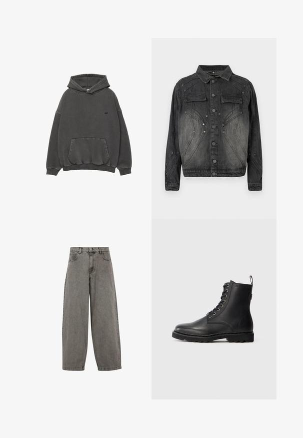 Sort, falmet denimjakke med knaplukning, brystlommer med klap og dekorative syninger.; Mørkegrå hætte sweatshirt med frontlomme, ribbede ærmer og kant, samt lille sort broderet logo på brystet.; Grå denim bukser med høj talje, brede ben, klassisk fem-lomme design og knaplukning foran. Let struktureret finish.; Sort læder ankelstøvle med rund tå, snøredesign og metaløjer. Har en tekstureret sål og en pull-tab ved hælen for nem påtagning.
