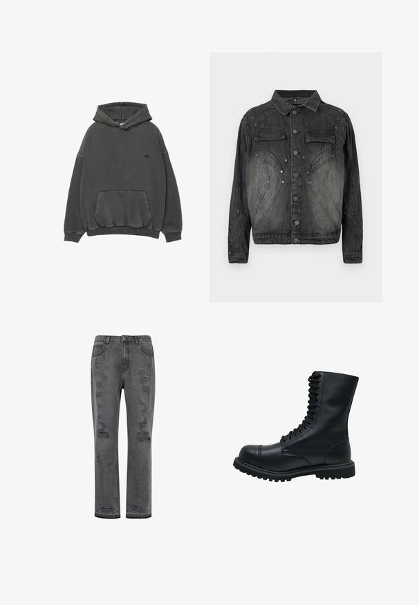 Veste en denim noire délavée avec fermeture à boutons, poches poitrine à rabat et détails de couture décoratifs.; Sweatshirt à capuche gris foncé avec poche kangourou à l'avant, poignets et ourlet côtelés, et petit logo noir brodé sur la poitrine.; Jean en denim gris, coupe droite avec un délavage usé, présentant des déchirures visibles et un ourlet légèrement effiloché, fermé par un bouton argenté.; Bottines en cuir noir à lacets avec un bout rond, une tige haute, une semelle en caoutchouc épaisse et une surface texturée. Comprend des piqûres renforcées le long des coutures.
