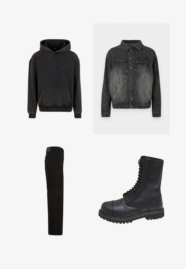 Veste en denim noire délavée avec fermeture à boutons, poches poitrine à rabat et détails de couture décoratifs.; Urban Classics Sweat à capuche - magnet; Pantalon cargo noir avec plusieurs grandes poches à rabat, passants de ceinture, et une coupe droite, vu de côté.; Botte de combat en cuir noir avec un haut tige, fermeture lacée à l'avant, col rembourré et semelle texturée robuste pour une meilleure adhérence. Dotée d'un capuchon de protection renforcé.