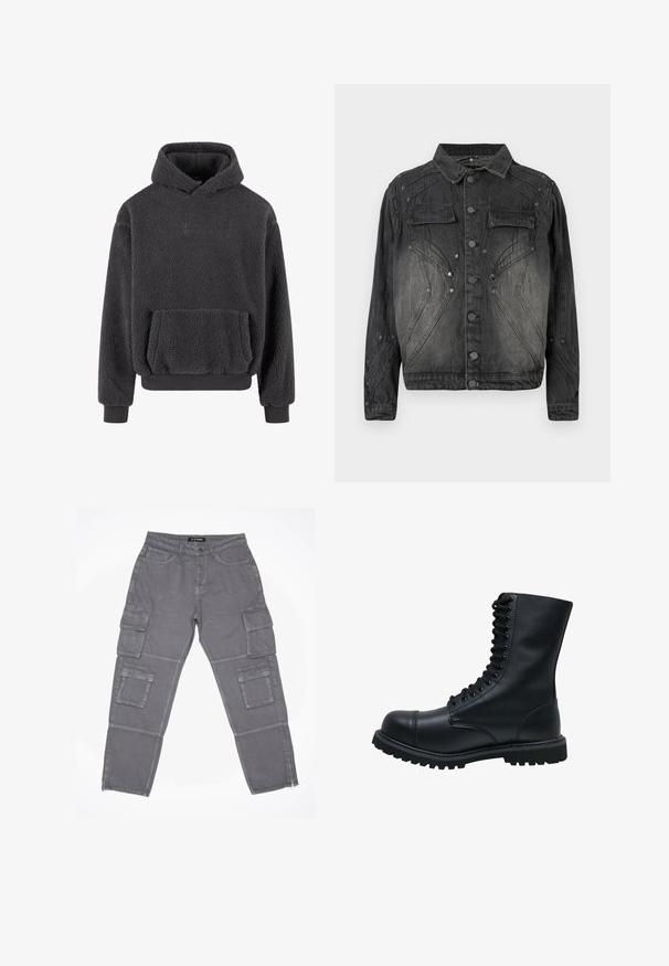 Sort, falmet denimjakke med knaplukning, brystlommer med klap og dekorative syninger.; Fleece hoodie i mørkegrå med en tekstureret overflade, en kangaroo-lomme og ribbede manchetter og kant. Har et lille logo på brystet.; Grå cargo bukser med et let struktureret stof, der har flere sidelommer, en lynlåslukning i kanten og en knaplukning i livet.; Sort læder snørebåndsstøvle med rund tå, høj skaft, tyk gummisål og struktureret overflade. Har forstærket syning langs sømmene.