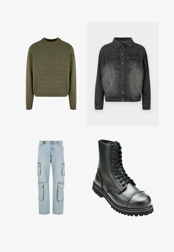 Sort, falmet denimjakke med knaplukning, brystlommer med klap og dekorative syninger.; Grøn uldblandings sweater med rund hals, ribbede manchetter og kant, samt en blød, struktureret finish. Klassisk, afslappet pasform med sænkede skuldre.; Lys blå denim cargo bukser med flere sidelommer, lige ben design og en tonet finish. Har en frontknap og lynlås lukning.; Sort læderkampstøvle med høj ankel, rund tå, snørebånd foran og robust gummisål med dybe mønstre for godt greb.