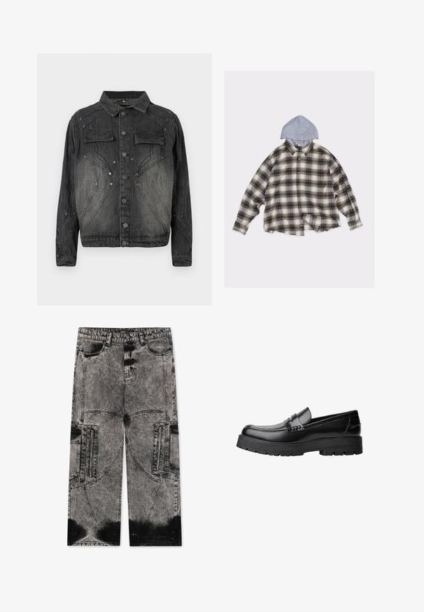 Zwarte vervaagde denimjack met knoopsluiting, klepborstzakken en decoratieve stikdetails.; Flanellen overhemd in beige en bruin geruit patroon met een grijze capuchon. Heeft een oversized ontwerp, metalen studs op de kraag en knoopsluitingen.; FAVELA BIG POCKET - Wijde jeans - black acid washed; Zwarte leren loafer met een chunky profielzool en een decoratieve band over de bovenkant, weergegeven in het linkerzijprofiel op een witte achtergrond.
