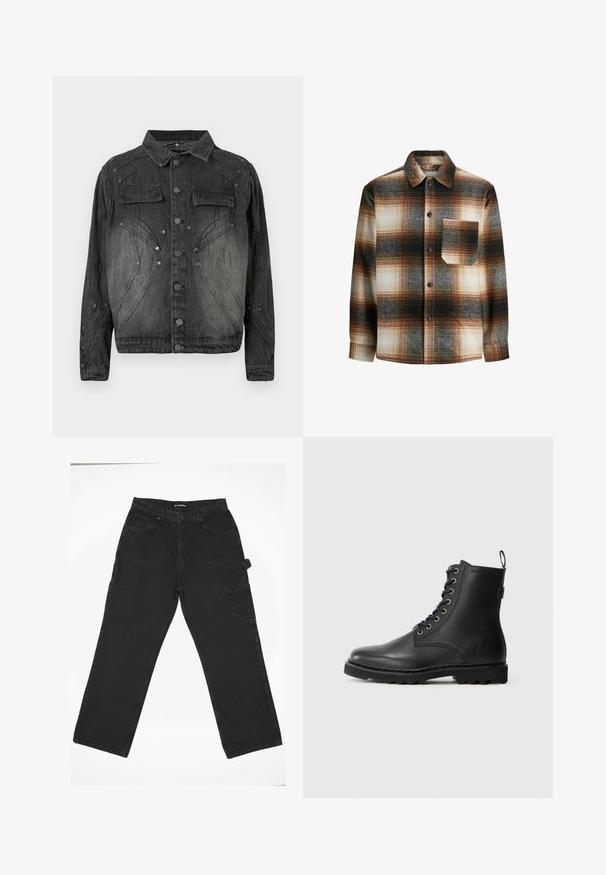 Zwarte vervaagde denimjack met knoopsluiting, klepborstzakken en decoratieve stikdetails.; Bruine geruite flanellen overhemd met tinten zwart en crème, knoopsluiting, overhemdkraag en één borstzak met een vierkant ontwerp.; Zwarte denim broek met een rechte pijpdesign, voorzien van een knoopsluiting aan de voorkant, achterzakken en een zijvak voor cargo.; Zwarte leren enkellaars met ronde neus, vetersluiting en metalen oogjes. Beschikt over een gestructureerde zool en een trekstrip aan de hiel voor gemakkelijk aan- en uittrekken.