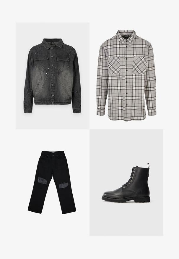 Sort, falmet denimjakke med knaplukning, brystlommer med klap og dekorative syninger.; Gråternet langærmet skjorte lavet af stof med knaplukning, der har to brystlommer og en klassisk krave.; Sorte denim jeans med afslappet pasform, med slidte huller på fronten ved knæområdet og en standard talje med knaplukning.; Sort læder ankelstøvle med rund tå, snøredesign og metaløjer. Har en tekstureret sål og en pull-tab ved hælen for nem påtagning.