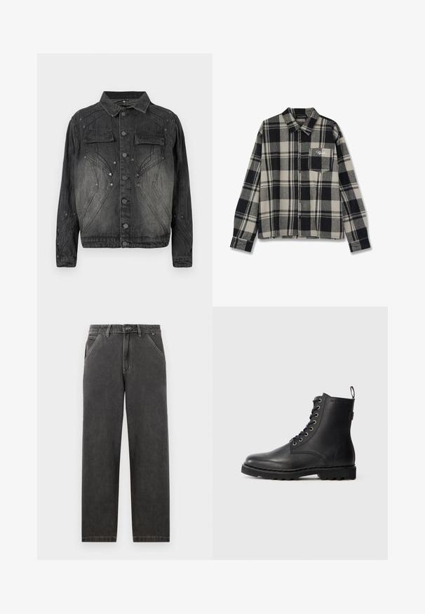 Zwarte vervaagde denimjack met knoopsluiting, klepborstzakken en decoratieve stikdetails.; Zwart en crèmekleurig geruite flanellen overhemd met lange mouwen, knoopsluiting, één borstzak en subtiele logoborduring op de zak.; Donkergrijze denimbroeken met een rechte pasvorm, voorzien van contrasterende witte stiksels, een knoopsluiting en zijzakken.; Zwarte leren enkellaars met ronde neus, vetersluiting en metalen oogjes. Beschikt over een gestructureerde zool en een trekstrip aan de hiel voor gemakkelijk aan- en uittrekken.