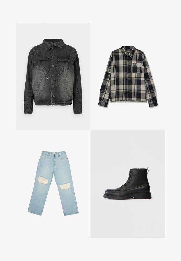 Sort, falmet denimjakke med knaplukning, brystlommer med klap og dekorative syninger.; Sort og cremefarvet ternet flannel skjorte med lange ærmer, knaplukning fortil, enkelt brystlomme og diskret logo broderi på lommen.; Lyseblå denim jeans med høj talje, lige ben og slidte lapper på begge lår.; Sorte struktureret læder ankelstøvle med snørebånd, tykk sål og løkke bagpå, set fra siden.