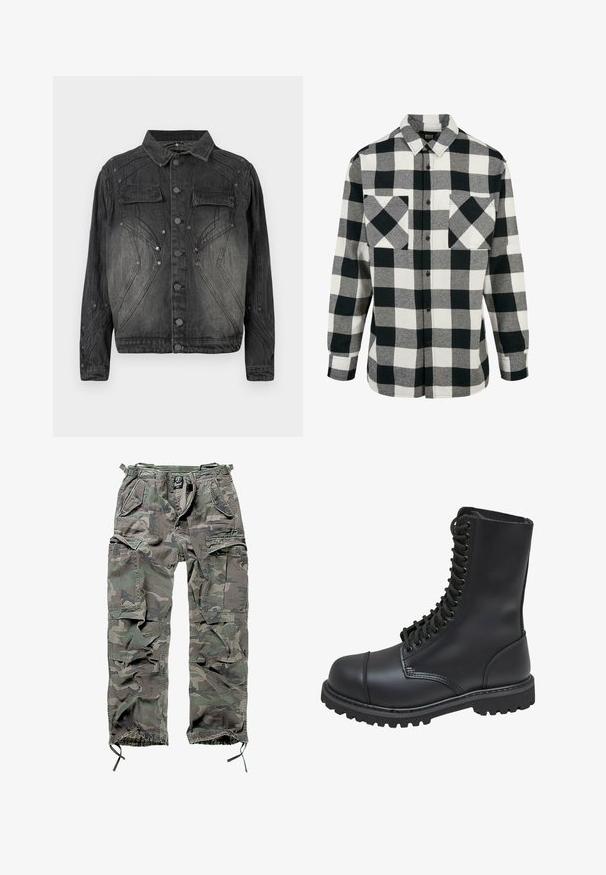 Must mustriks denim jakk musta värviga, millel on nööpide eesmine sulgemine, klapiga rinna-taskud ja dekoratiivsed õmblused.; Mustvalge flanellist särk, millel on suur ruuduline muster, pikad varrukad, nööbiga esiosa ja kaks rinna taskut. Valmistatud pehmest kangast.; Roheline ja hall kamoflaažiga cargo pükste komplekt, millel on mitu taskut, elastne vöökoht, reguleeritavad pahkluue sääred ja mugav lõige.; Mustmust musta sõjaväe king, millel on kõrge varreosa, nöörimise esiosa, pehmendatud krae ja robustne tekstuuriga tall, et tagada haardumine. Omab tugevdatud varvaste osa.