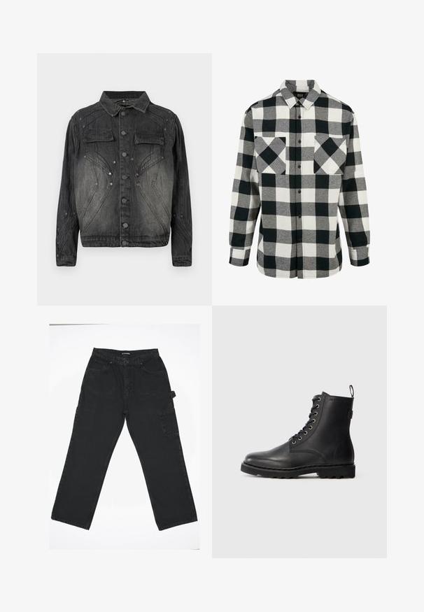 Zwarte vervaagde denimjack met knoopsluiting, klepborstzakken en decoratieve stikdetails.; Zwart-wit geruit flanellen shirt met een groot ruitpatroon, lange mouwen, een knoopsluiting aan de voorkant en twee borstzakken. Gemaakt van zachte stof.; Zwarte denim broek met een rechte pijpdesign, voorzien van een knoopsluiting aan de voorkant, achterzakken en een zijvak voor cargo.; Zwarte leren enkellaars met ronde neus, vetersluiting en metalen oogjes. Beschikt over een gestructureerde zool en een trekstrip aan de hiel voor gemakkelijk aan- en uittrekken.