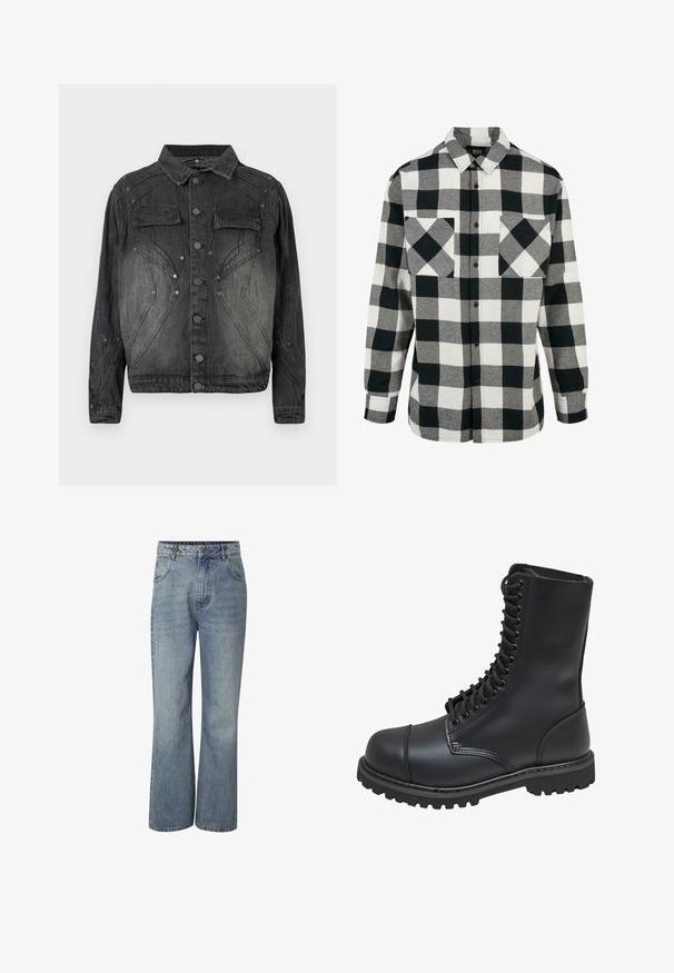 Sort, falmet denimjakke med knaplukning, brystlommer med klap og dekorative syninger.; Sort og hvid flannel skjorte med et stort ternet mønster, lange ærmer, knaplukning foran og to brystlomme. Lavet af blødt stof.; Højtaljede blå denimjeans med vide ben, knaplukning foran, bæltestropper og lommer foran og bagpå.; Sort læder kampstøvle med høj skaft, snørebånd foran, polstret krave og en robust tekstureret sål for godt greb. Har forstærket tåhætte.