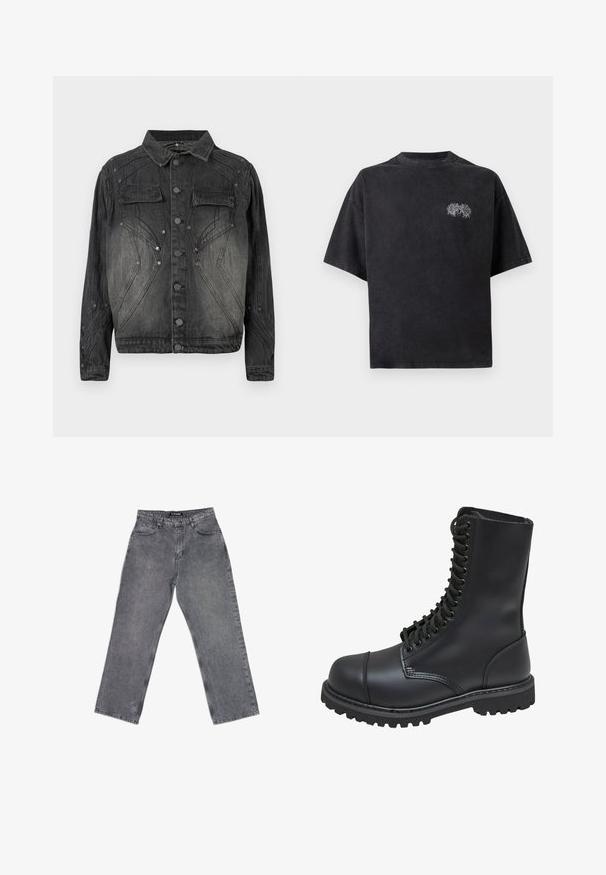Sort, falmet denimjakke med knaplukning, brystlommer med klap og dekorative syninger.; Sort oversized t-shirt lavet af bomuld med rund hals. Har et hvidt broderet design på venstre bryst. Korte ærmer.; High-waist lige ben grå jeans med forlommer, bæltestropper, knaplukning og synlige syninger på hvid baggrund.; Sort læder kampstøvle med høj skaft, snørebånd foran, polstret krave og en robust tekstureret sål for godt greb. Har forstærket tåhætte.