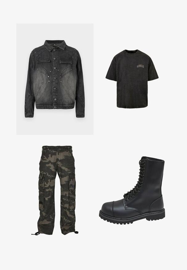 Sort, falmet denimjakke med knaplukning, brystlommer med klap og dekorative syninger.; Sort bomulds T-shirt med rund halsudskæring, korte ærmer og broderet logo på venstre forside af brystet. Har en slidt tekstur og rå kant.; Kamuflage cargo bukser i mørkegrøn og grå, med flere sidelommer, knaplukning og justerbare ankelstrammere.; Sort læder kampstøvle med høj skaft, snørebånd foran, polstret krave og en robust tekstureret sål for godt greb. Har forstærket tåhætte.
