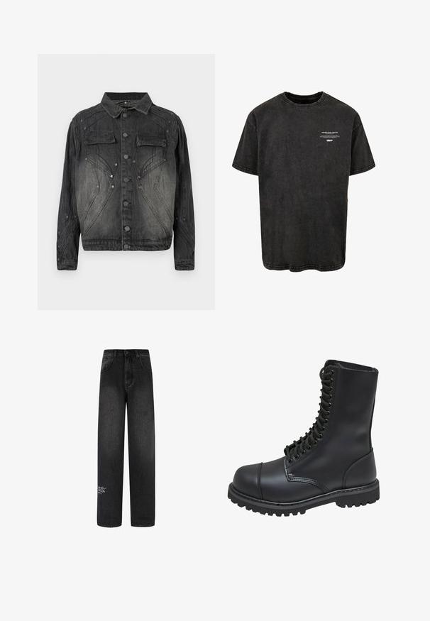 Sort, falmet denimjakke med knaplukning, brystlommer med klap og dekorative syninger.; Sort bomulds t-shirt med rund hals og korte ærmer. Har kontrasterende hvid tekst foran og synlige syningsdetaljer.; Sorte denim bukser med bred benvidde og høj talje, med to forlommer og en dekorativ logodetalje på det nederste ben.; Sort læder kampstøvle med høj skaft, snørebånd foran, polstret krave og en robust tekstureret sål for godt greb. Har forstærket tåhætte.
