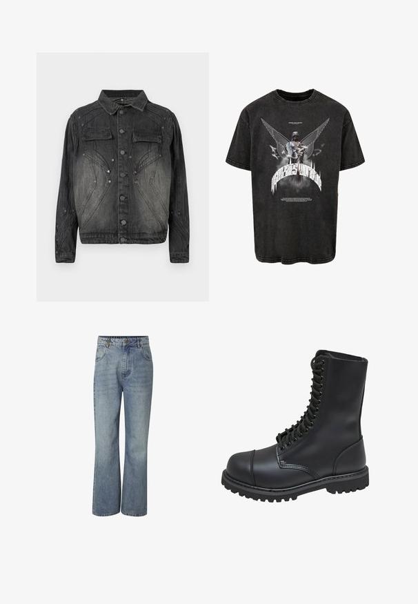 Must mustriks denim jakk musta värviga, millel on nööpide eesmine sulgemine, klapiga rinna-taskud ja dekoratiivsed õmblused.; Must suur must T-särk, mis on valmistatud denimist, sisaldab graafikat tiivulise kuju ja tekstiga ning veidi kulunud tekstuuri.; Kõrge vöökohaga sinised teksapüksid laiade sääreosadega, ees nööpidega sulgemine, vööaasad ning ees- ja tagataskud.; Mustmust musta sõjaväe king, millel on kõrge varreosa, nöörimise esiosa, pehmendatud krae ja robustne tekstuuriga tall, et tagada haardumine. Omab tugevdatud varvaste osa.