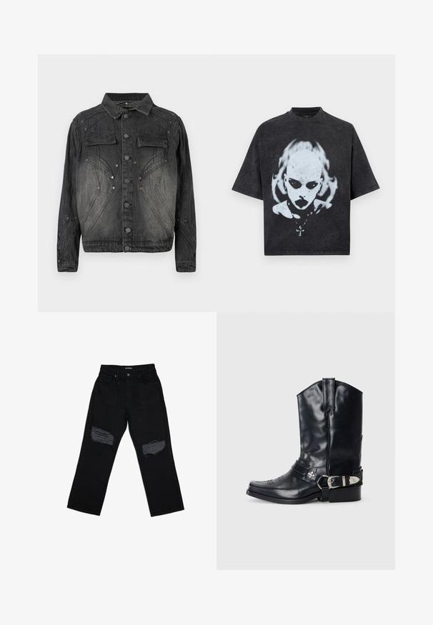 Veste en denim noire délavée avec fermeture à boutons, poches poitrine à rabat et détails de couture décoratifs.; T-shirt noir oversize avec un graphisme blanc représentant une personne chauve aux yeux foncés, rouge à lèvres, piercings et un collier avec un pendentif en forme de croix.; Jean denim noir à coupe décontractée, avec deux patchs usés aux genoux. Le tissu présente une texture lisse et une décoloration minimale.; Botte de cowboy en cuir noir avec un bout pointu, une tige haute, des coutures décoratives et une quincaillerie en argent sur la sangle. Fini texturé.