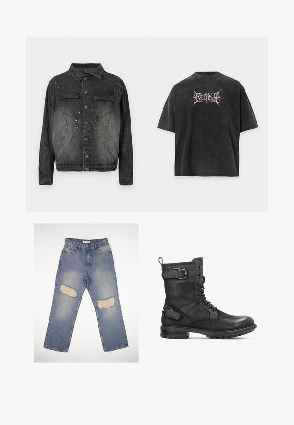 Zwarte vervaagde denimjack met knoopsluiting, klepborstzakken en decoratieve stikdetails.; Zwart oversized T-shirt met vervaagde textuur en gestileerde witte en rode tekst "Fadella" gecentreerd aan de voorkant.; Lichtblauwe denim jeans met een rechte pasvorm, voorzien van twee grote versleten stukken op de knieën en een standaard vijf-pocket ontwerp.; Kazar HEARD - Cowboy-/Bikerlaarsjes - black