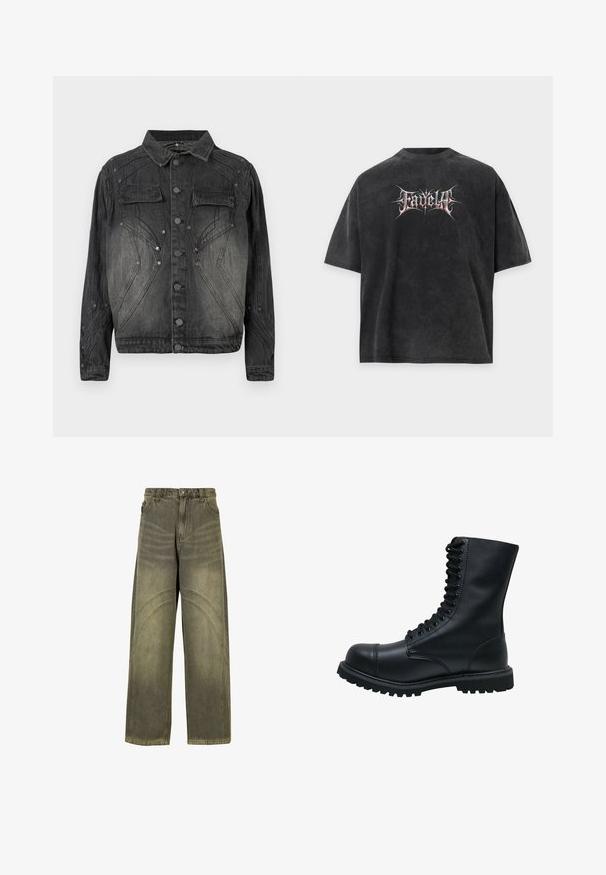 Zwarte vervaagde denimjack met knoopsluiting, klepborstzakken en decoratieve stikdetails.; Zwart oversized T-shirt met vervaagde textuur en gestileerde witte en rode tekst "Fadella" gecentreerd aan de voorkant.; Wijde spijkerbroeken van olijfgroene denim, met gebogen naadaccenten, klassieke knoopsluiting en een vervaagde afwerking.; Zwarte leren veterschoen met een ronde neus, hoge schacht, dikke rubberen zool en een gestructureerd oppervlak. Heeft versterkte stiksels langs de naden.
