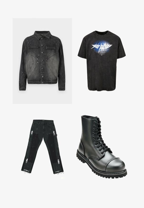 Veste en denim noire délavée avec fermeture à boutons, poches poitrine à rabat et détails de couture décoratifs.; T-shirt en coton noir avec un design graphique représentant un ciel bleu et des nuages, du texte blanc et une finition vieillie, avec des manches courtes et un col rond.; Jeans en denim noir avec des patches déchirés, des ourlets effilochés et des accents texturés. Taille mi-haute avec un design standard à cinq poches.; Botte de combat en cuir noir avec une tige haute, bout rond, laçage sur le devant et semelle en caoutchouc robuste avec un profil de crantage profond pour une meilleure adhérence.