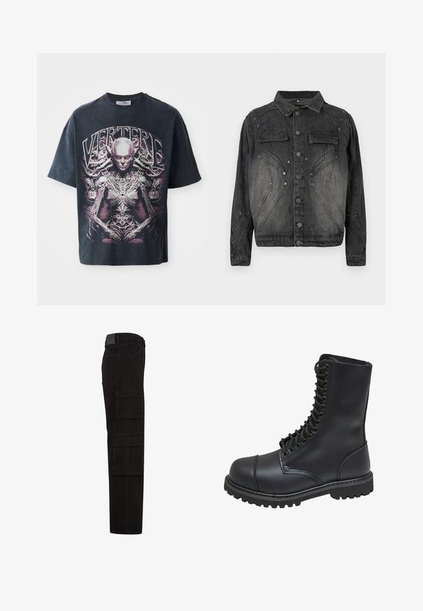 Chaqueta de denim negra desvanecida con cierre de botones, bolsillos en el pecho con solapa y detalles de costura decorativa.; Camiseta gráfica negra de algodón, con un gran diseño en rosa y blanco de una figura humanoide con detalles intrincados y el texto "VERTERE."; Pantalones cargo negros con múltiples bolsillos grandes con solapa, trabillas para cinturón y corte de pierna recta, mostrados de perfil.; Bota de combate de cuero negro con caña alta, parte frontal con cordones, cuello acolchado y suela texturizada resistente para un buen agarre. Presenta una puntera reforzada.