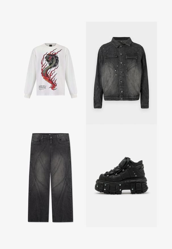Sort, falmet denimjakke med knaplukning, brystlommer med klap og dekorative syninger.; Langærmet hvid skjorte med et farverigt slangemotiv med flammer og detaljeret udsmykning, mærket med "Don Ed Hardy designs."; FAVELA FLARED - Loose-jeans - black; Sorte læder høj-top sneakers med en tykk gummisål, snørebåndsdesign, polstret krave og metal accenter. Har en mønstret sål for godt greb.