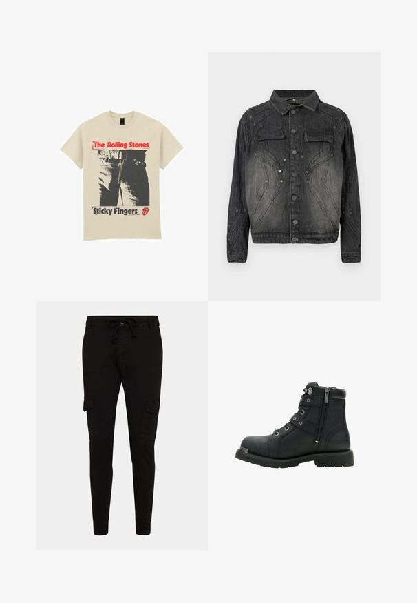 Chaqueta de denim negra desvanecida con cierre de botones, bolsillos en el pecho con solapa y detalles de costura decorativa.; Camiseta de algodón beige con un diseño gráfico de unos vaqueros y un cremallera. El texto dice "The Rolling Stones" en rojo y "Sticky Fingers" en negro.; Pantalones cargo negros con cintura ajustable, corte tapered, dos bolsillos laterales y dos bolsillos cargo. Hechos de tejido de color sólido, con textura suave.; Botín de cuero negro hasta el tobillo con puntera redondeada, ojales de metal, cremallera lateral y suela de goma. Presenta correas decorativas y puntera reforzada.