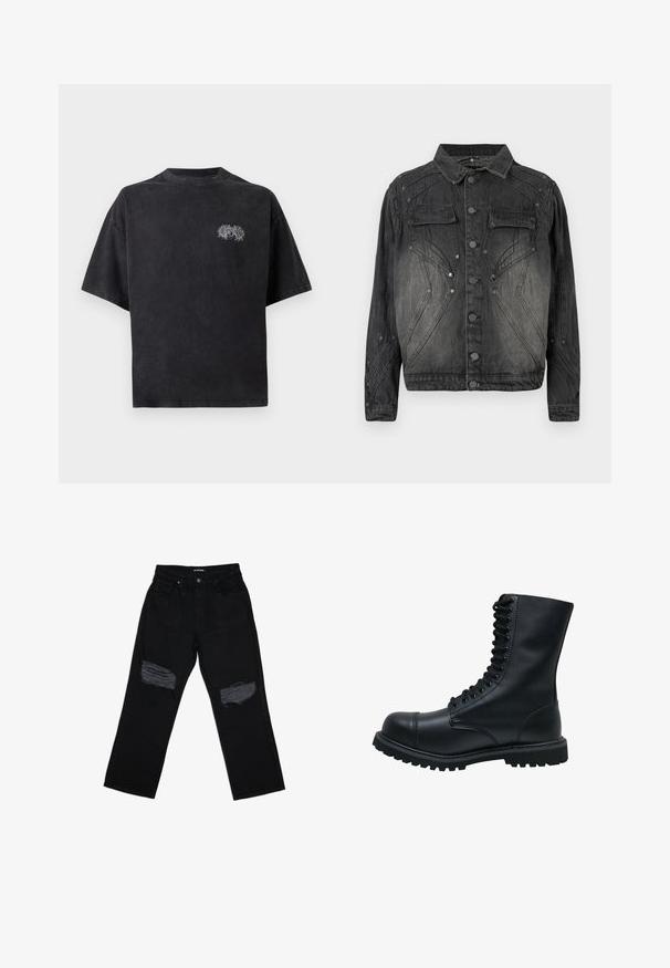 Must mustriks denim jakk musta värviga, millel on nööpide eesmine sulgemine, klapiga rinna-taskud ja dekoratiivsed õmblused.; Must beebi suuruses must T-särk, mis on valmistatud puuvillast ja millel on ümmargune kaelus. Vasakul rinnal on valge broderi disain. Lühikesed varrukad.; Mustadest denimpükstest, millel on lõdvestunud lõige ja kaks kulunud ala põlvedel. Kangas on sileda tekstuuriga ja minimaalsete pleekimistega.; Must musta-läbimisega saapad ümara varbaga, kõrge varrega, paksu kummitaldaga ja tekstureeritud pinnaga. Omab tugevdatud õmblusi õmbluskohtades.