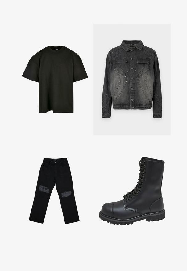 Sort, falmet denimjakke med knaplukning, brystlommer med klap og dekorative syninger.; Sort oversized t-shirt i blød bomuld. Har en rund crew neckline og korte ærmer, med en glat tekstur og minimalistisk design.; Sorte denimjeans med afslappet pasform, der har to slidte pletter på knæene. Stoffet har en glat tekstur og minimal falmning.; Sort læder kampstøvle med høj skaft, snørebånd foran, polstret krave og en robust tekstureret sål for godt greb. Har forstærket tåhætte.
