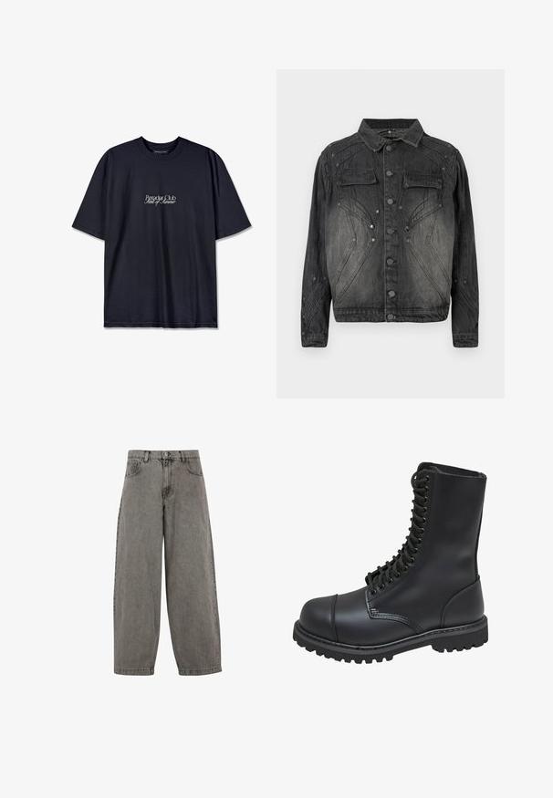 Must mustriks denim jakk musta värviga, millel on nööpide eesmine sulgemine, klapiga rinna-taskud ja dekoratiivsed õmblused.; Must musta t-särk, millel on ümar kaelus, esitades valge trükitud logo "Pescador Club" ja "Scent of Summer" ees. Lühikesed varrukad.; Hallide denimeeritud püksid kõrge vöökohaga, laiad sääred, klassikaline viie tasku disain ja nuppude sulgemine ees. Kergelt tekstureeritud viimistlus.; Mustmust musta sõjaväe king, millel on kõrge varreosa, nöörimise esiosa, pehmendatud krae ja robustne tekstuuriga tall, et tagada haardumine. Omab tugevdatud varvaste osa.