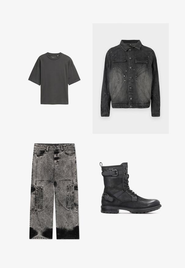 Sort, falmet denimjakke med knaplukning, brystlommer med klap og dekorative syninger.; Mørkegrå oversized t-shirt lavet af glat bomuld. Har en rund halsudskæring, korte ærmer og et simpelt, ubrighteret design.; FAVELA BIG POCKET - Loose-jeans - black acid washed; Kazar HEARD - Cowboy- / bikerstøvlette - black