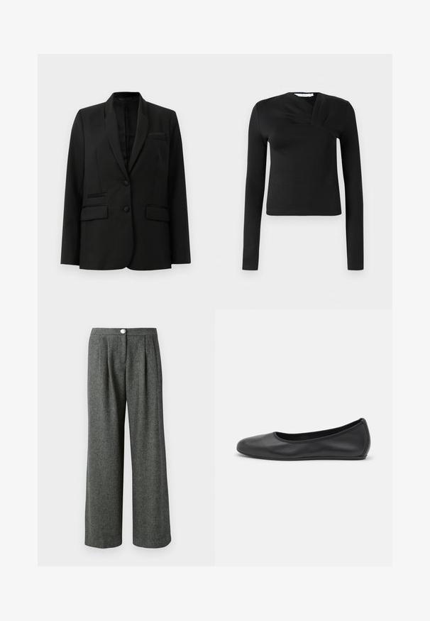 Sort blazer med et struktureret design, enkelt-knap lukning, to forlommer og satin revers. Glat stof og skræddersyet pasform.; Sort langærmet top med en omslagsdesign, lavet af glat stof. Har en cropped længde og en V-formet udskæring. Ingen mønstre eller accenter.; Grå, vide benbukser i et struktureret hørmønster med frontfolder og en knaplukning i taljen.; Sort læderballetsko med rund tå, glat tekstur, minimal syning og et fleksibelt såldesign.