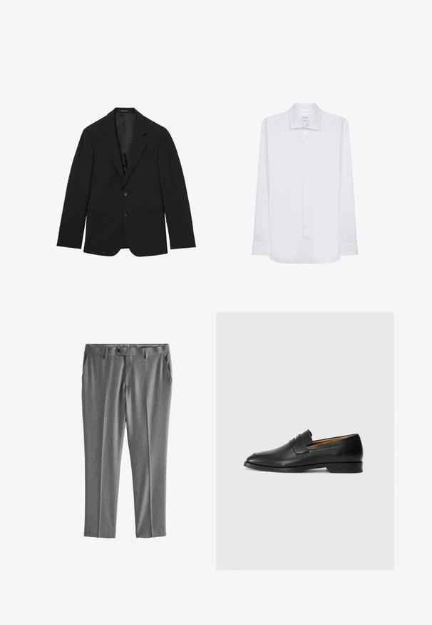 Sort skræddersyet blazer med hakrevers, to forreste knapper og forreste lommer, vist fladt på hvid baggrund.; Hvid langærmet skjorte lavet af glat stof, med klassisk krave, knaplukning foran og lige kant. Ingen mønstre eller detaljer.; Grå formelle bukser med bæltestropper, frontknaplukning og sidelommer, vist fladt på hvid baggrund.; Sort læder loafer med rund tå, diskret syning, og lav hæl, der har en glat tekstur og minimalistisk design.