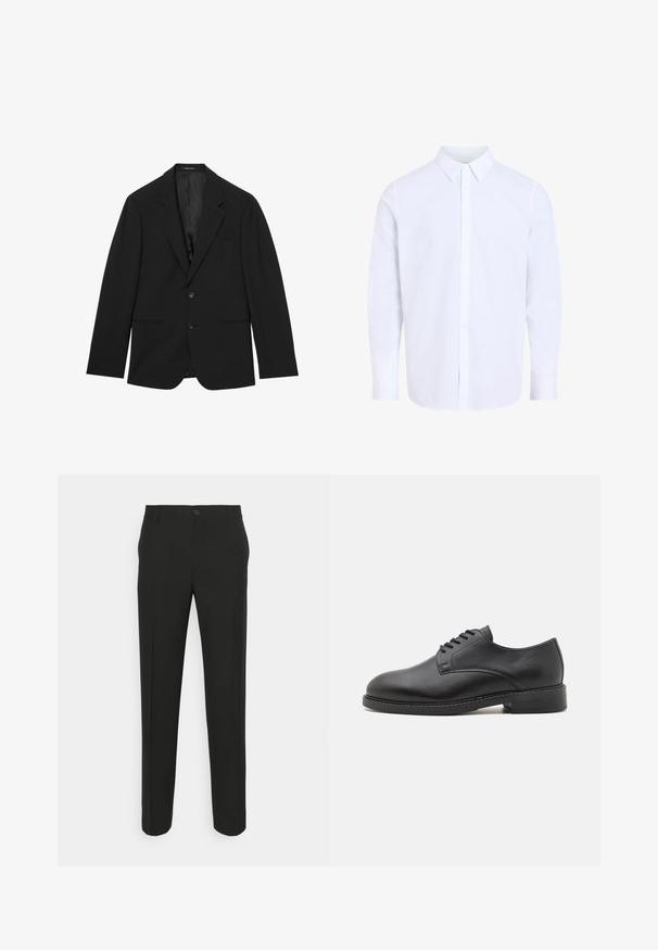 Blazer negro entallado con solapas con muesca, dos botones delanteros y bolsillos horizontales delanteros, presentado plano sobre un fondo blanco.; Camisa blanca de manga larga con botones, cuello clásico, confeccionada en tela suave, con tapeta de botones en la parte delantera y dobladillo redondeado.; Pantalones negros ajustados con corte recto, que cuentan con un cierre de un solo botón y trabillas para cinturón. Tejido liso, mate y sin patrones.; Zapato oxford de cuero negro con punta redonda, que presenta un acabado suave, cierre de cordones con cinco ojales y un tacón bajo apilado.