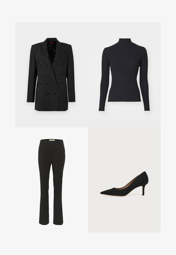 Sort dobbeltræs blazer med hvide striber, skarpe revers, lange ærmer, tekstureret stof og forlommer.; Sort ribbet turtle-sweater med lange ærmer. Lavet af strækbart stof med en tætsiddende pasform og høj krave. Enkel design uden udsmykninger.; Sorte skræddersyede bukser med slim fit, flagrende bund, glat front og ingen synlige lommer. Fremstillet af glat stof med minimale sømme.; Sort ruskind spids tå højhælet pumpe med en slank mellemhøj stilethæl og et lavt snit på en ensfarvet baggrund.