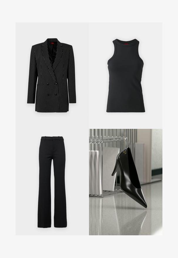 Schwarze doppelt knöpfbare Blazerjacke mit weißen Streifen, scharfen Revers, langen Ärmeln, strukturiertem Stoff und Taschen auf der Vorderseite.; Schwarzes ärmelloses Top aus dehnbarem Material. Mit Rundhalsausschnitt und taillierter Silhouette sowie minimalistischen Nähdetails.; Schwarze taillierte ausgestellte Hose mit glatter Textur, ausgestattet mit einem Bund mit Gürtelschlaufen und einem Reißverschluss vorne.; Schwarzer High-Heel-Schuh mit spitzer Zehe und goldem Logo, auf einer reflektierenden Oberfläche nahe einem verchromten Draht-Organizer mit Dokumenten positioniert.