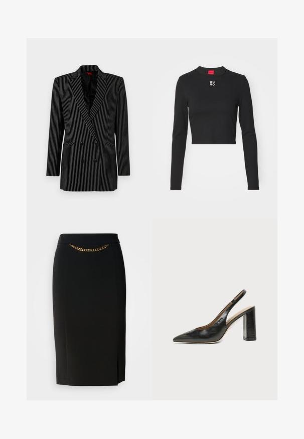 Sort dobbeltræs blazer med hvide striber, skarpe revers, lange ærmer, tekstureret stof og forlommer.; Sort langærmet cropped top lavet af glat stof, med rund hals og hvid "HUGO" logo på brystet.; Sort blyantskirt med et lille slids, der har en guld kædedetalje ved livet. Lavet af et glat, strækbart stof for komfort.; Sort læder peep-toe slingback sko med høj blokhæl og beige indvendig foring mod en ensfarvet lys baggrund.