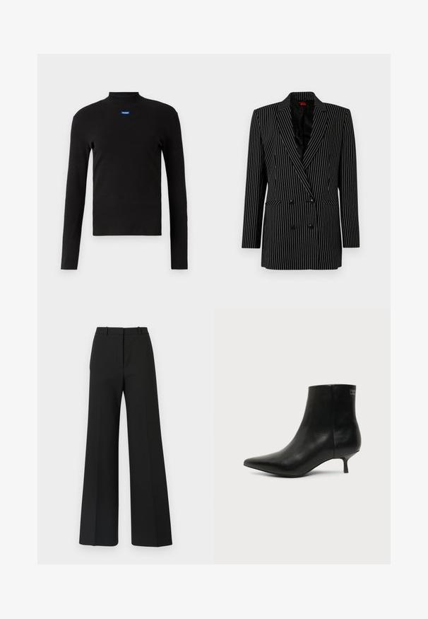 Sort dobbeltræs blazer med hvide striber, skarpe revers, lange ærmer, tekstureret stof og forlommer.; HUGO EASY - Langærmet T-shirt - schwarz; Sorte buks med vide ben og skræddersyet design, der har en glat tekstur og subtile plisseringer foran. Ingen synlige detaljer eller mønstre.; Sort læder ankelstøvle med spids tå og lav kitten hæl på lys baggrund, der viser yderside.