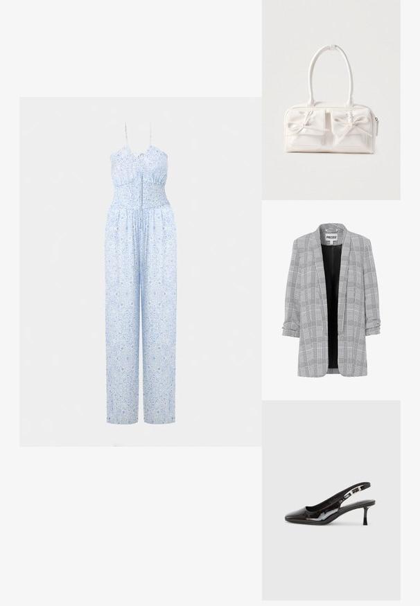 Sort og hvid ternet blazer med afslappet pasform, åben front og opkrogede ærmer. Fremstillet af tekstureret stof. Mærke "PIECES" synligt indvendigt.; Lyseblå jumpsuit med justerbare stropper, smocket bodice og bukser med brede ben, prydet med et detaljeret blomstermønster. Blød stofstruktur.; Sort slingback-sko i laklæder med spids tå, sølvspænde og mellemhøj kitten-hæl på en ensartet lys baggrund.; Hvid syntetisk håndtaske med to forlommer, hver med en bundet sløjfedetalje. Glat tekstur, afrundede håndtag og lynlås lukning.