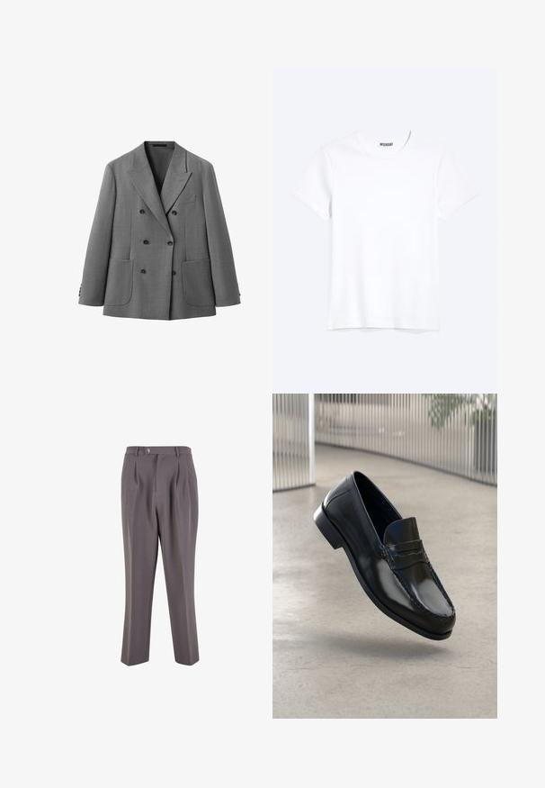 Grå dobbeltradet blazer med hakrevers, fire sorte knapper, to store forlommer og en brystlomme, vist på hvid baggrund.; Enkelt hvid T-shirt med korte ærmer og rund hals med synligt WEEKDAY-mærke i kraven, vist på en lys baggrund.; Grå plisserede bukser lavet af glat stof, med lige ben-design, en enkelt knaplukning og skrå sidelommer.; Sorte læder loafers med en glat finish, rundet tå, dekorative syninger og en let forhøjet ydersål.
