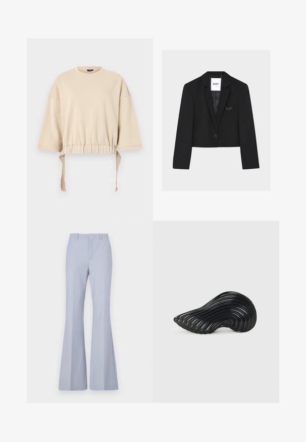 Zwarte cropped blazer met notch-revers, sluiting met één knoop en een klein borstzakje met gevouwen stofdetail.; Beige cropped sweatshirt gemaakt van zachte stof. Beschikt over brede mouwen, een gathered taille met touwtjes en een ronde halslijn.; Lichtblauwe flared broek met een zachte textuur, voorzien van een rechte voorkant, twee zijzakken en een schone tailleband.; Melissa QUANTUM - Sneakers laag - black