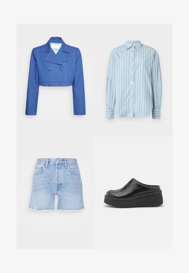Sara Battaglia MINI JACKET - Σακάκι - blue denim; Ανοιχτό μπλε μακρυμάνικο πουκάμισο με κατακόρυφες πράσινες ρίγες, κουμπί μπροστά και αντίθετους ριγέ μανσέτες. Λείο ύφασμα, κλασικός σχεδιασμός κολάρου.; Τζιν σορτσάκια σε ανοιχτό μπλε χρώμα με φθαρμένη τελείωση. Διαθέτουν κλασικό σχέδιο με πέντε τσέπες, κλείσιμο με κουμπί και ελαφριά φθορά στο ύφασμα.; Μαύρες γυαλιστερές πλατφόρμες κλόγκ με στρογγυλή μύτη, καμπυλωτό επάνω μέρος και αντίθεση λευκής ραφής κατά μήκος της άκρης της σόλας.