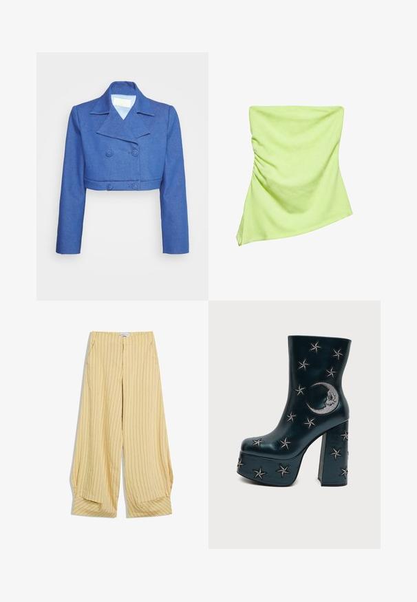 Sara Battaglia MINI JACKET - Blazer - blue denim; Top vert clair sans bretelles avec un léger fronces sur le côté gauche et un ourlet asymétrique.; Pantalon beige à jambes larges avec fines rayures verticales brunes, poches latérales et taille haute, étalé à plat sur un fond blanc.; Botte noire à plateforme avec talon bloc, décorée d'étoiles brodées argentées et d'un croissant de lune sur le côté.