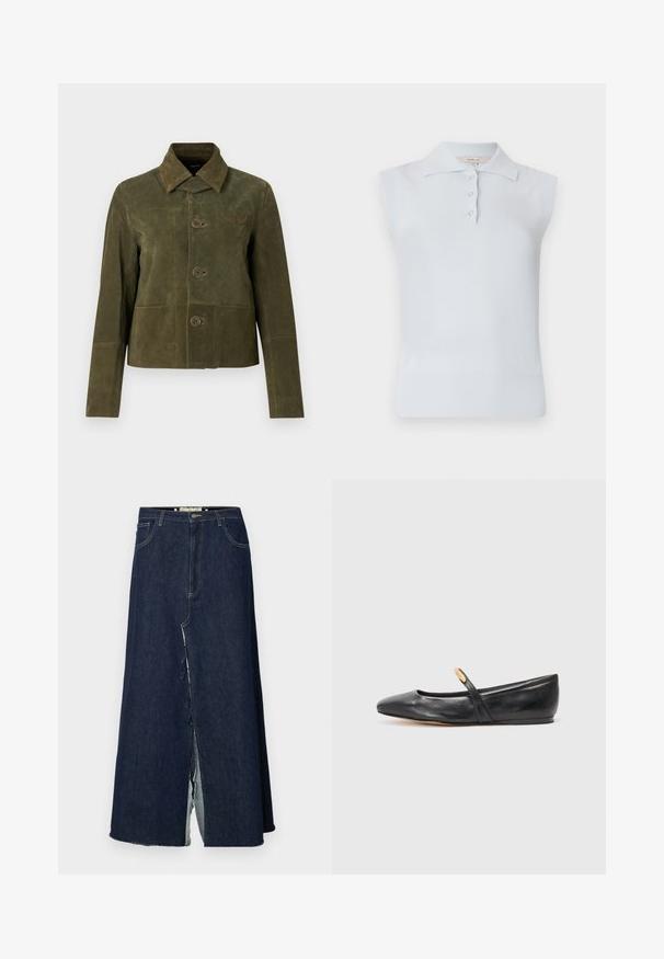 Olijfgroene suède jas met een brede kraag, drie knopen aan de voorkant, lange mouwen en een gestikt vleugelembleem op de borst.; Lichtblauw mouwloos polo shirt met een traditionele kraag, drie knopen, en geribbelde zoom. Gemaakt van een gladde, zachte stof.; Donkerblauwe denim lange rok met een split aan de voorkant. Bevat een traditionele vijf-pocket ontwerpelement en zichtbare stikselaccenten. De zoom is rafelig.; Zwarte leren balletschoenen met een spitse neus, een slanke band en een klein gouden accent nabij de band. Gladde textuur en een lage hak.