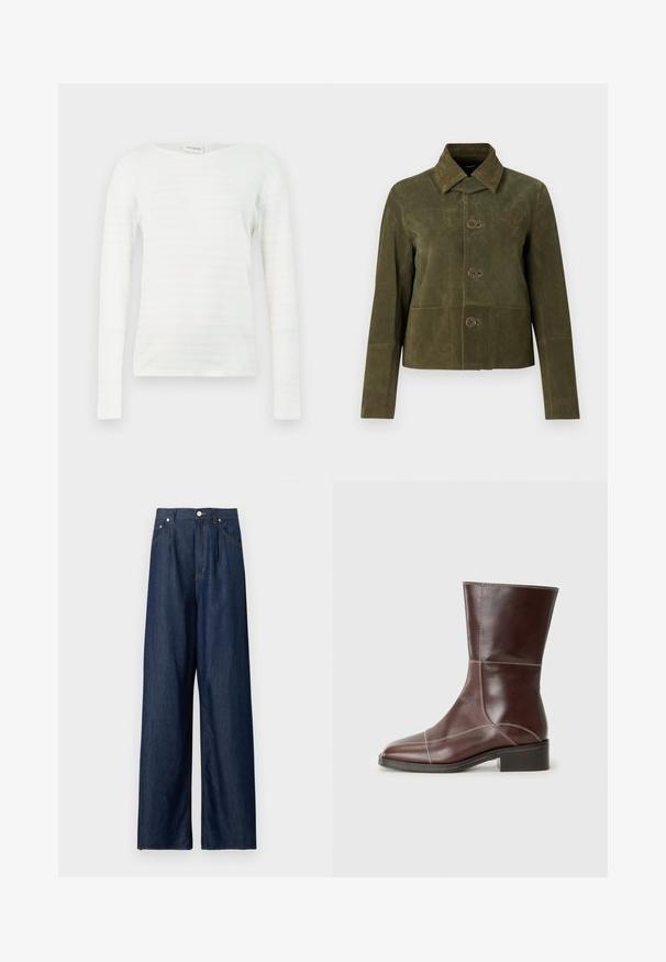 Veste en daim vert olive avec col large, trois boutons à l'avant, manches longues, et un emblème d'aile cousu sur la poitrine.; Chemise blanche à manches longues avec de fines rayures horizontales roses, dotée d'un col en V et d'une coupe décontractée. Texture douce, style casual.; Jean en denim bleu foncé à jambes larges avec taille haute, fermeture frontale par bouton et fermeture éclair, et poches latérales sur un fond clair uni.; Bottine en cuir marron à bout carré et à talon bas, avec des coutures contrastées le long des seams. Fond clair.