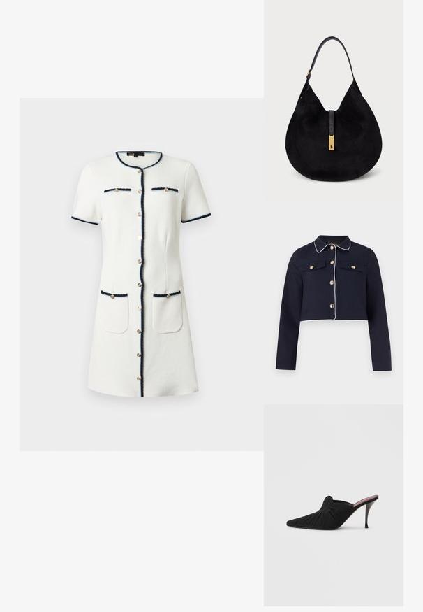 Veste courte bleu marine avec passepoil blanc, manches longues, fermetures à boutons dorés, et poches poitrine à rabat sur un fond uni.; Robe blanche à manches courtes avec bordure marine, boutons dorés sur le devant, deux poches poitrine et deux poches sur les hanches, longueur au genou, encolure ronde.; Mule noir à talon haut avec bout pointu, tissu doux à texture froncée sur le devant et talon aiguille fin.; Sac à épaule en daim noir avec une forme courbée, une bandoulière en cuir lisse et un accent en finition dorée. Design simple avec un minimum de détails en matériel.