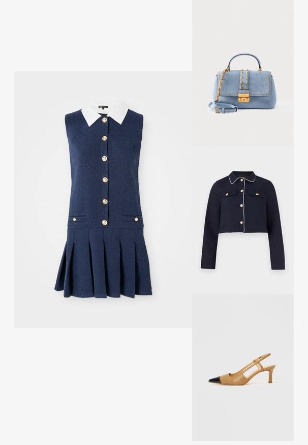 Marineblauw cropped jack met witte bies, lange mouwen, gouden knopen en klepzakken op de borst tegen een effen achtergrond.; Navy mouwloos jurkje met een witte kraag, voorzien van een knopenlijst, twee zijzakken en een geplooid rokontwerp. Getextureerde stof.; Beige slingbackhakken met een spitse zwarte neuskap, met uitgeholde zijkanten en een blokhak van gemiddelde hoogte. Glad leermateriaal.; Lichtblauwe suède handtas met gouden studs, kettingdetail, handvat bovenaan, verstelbare riem en gouden slotbeslag op de voorflap.
