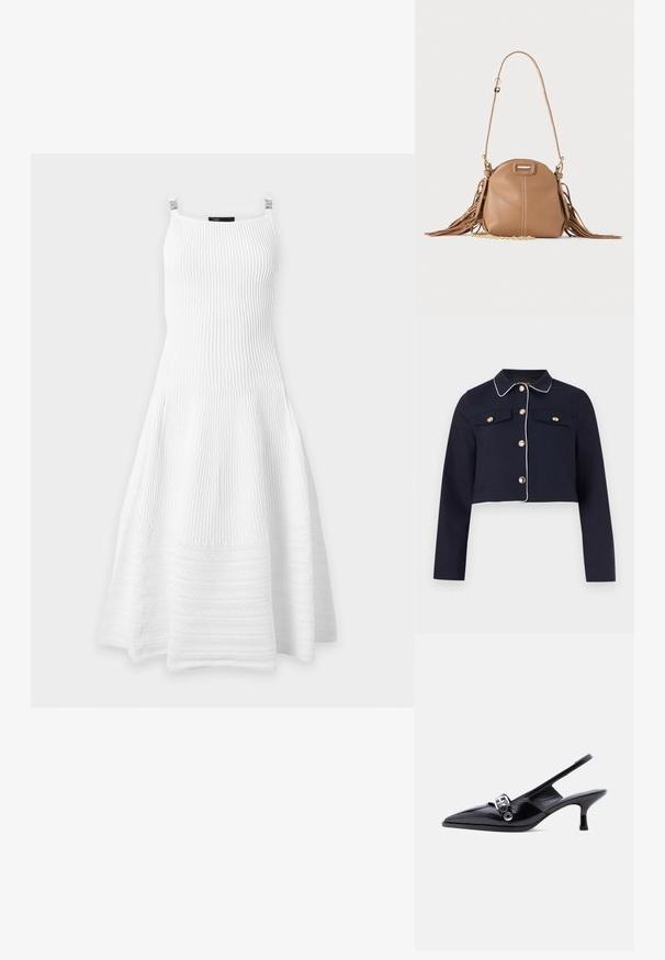 Veste courte bleu marine avec passepoil blanc, manches longues, fermetures à boutons dorés, et poches poitrine à rabat sur un fond uni.; Robe blanche sans manches en maille côtelée avec jupe évasée et encolure carrée sur des clips sur fond uni.; Chaussure à talon bas en cuir verni noir avec bride arrière, bout pointu et détail boucle argentée sur fond blanc uni.; Petit sac à bandoulière en cuir fauve avec longue bandoulière, détail chaîne dorée et franges des deux côtés sur un fond neutre.