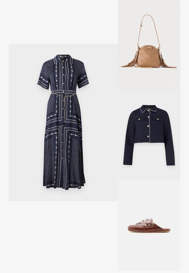 Veste courte bleu marine avec passepoil blanc, manches longues, fermetures à boutons dorés, et poches poitrine à rabat sur un fond uni.; Robe longue bleu marine à manches courtes, motifs cachemire et points blancs, boutons à l'avant, col, et une fine ceinture chaîne dorée à la taille.; Mocassin à enfiler en cuir marron avec couture moc toe, œillets dorés et détail de lacet décoratif sur le côté, semelle plate, profil latéral.; Petit sac à bandoulière en cuir fauve avec longue bandoulière, détail chaîne dorée et franges des deux côtés sur un fond neutre.