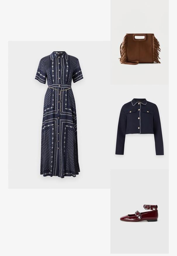 Veste courte bleu marine avec passepoil blanc, manches longues, fermetures à boutons dorés, et poches poitrine à rabat sur un fond uni.; Robe longue bleu marine à manches courtes, motifs cachemire et points blancs, boutons à l'avant, col, et une fine ceinture chaîne dorée à la taille.; Ballerines en cuir verni bordeaux avec un bout pointu, une bride de cheville avec une boucle en argent et un petit talon. Texture lisse sur l'ensemble.; Sac à main en cuir marron avec poignées découpées rectangulaires, longue bandoulière et détails à franges des deux côtés sur un fond uni.