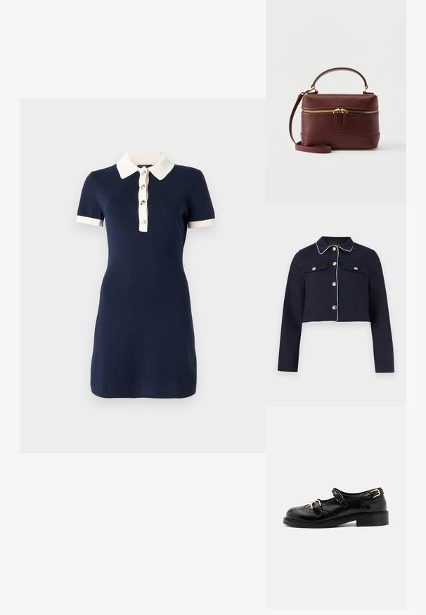 Veste courte bleu marine avec passepoil blanc, manches longues, fermetures à boutons dorés, et poches poitrine à rabat sur un fond uni.; Robe bleu marine à manches courtes avec col blanc, poignets blancs et une patte de boutonnage frontale avec quatre boutons.; Chaussures en cuir noir avec détails de brogue, dotées de deux sangles à boucle, d'un bout arrondi et d'un talon bas. Texture lisse avec finition brillante.; Sac à main en cuir brun foncé avec fermeture éclair dorée, poignée supérieure et bandoulière amovible sur fond blanc uni.