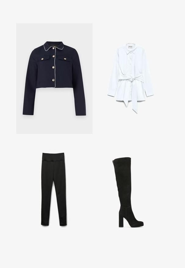 Veste courte bleu marine avec passepoil blanc, manches longues, fermetures à boutons dorés, et poches poitrine à rabat sur un fond uni.; Chemise blanche à manches longues avec col, boutonnée à l'avant, et ceinture en tissu attachée nouée en nœud papillon à la taille.; Leggings noirs en tissu extensible avec une large taille. Présentent une texture lisse et sans motifs ni éléments visibles.; Bottes noires au-dessus du genou en suède avec un talon carré, un bout rond et une texture lisse. Détails de coutures à la cheville.